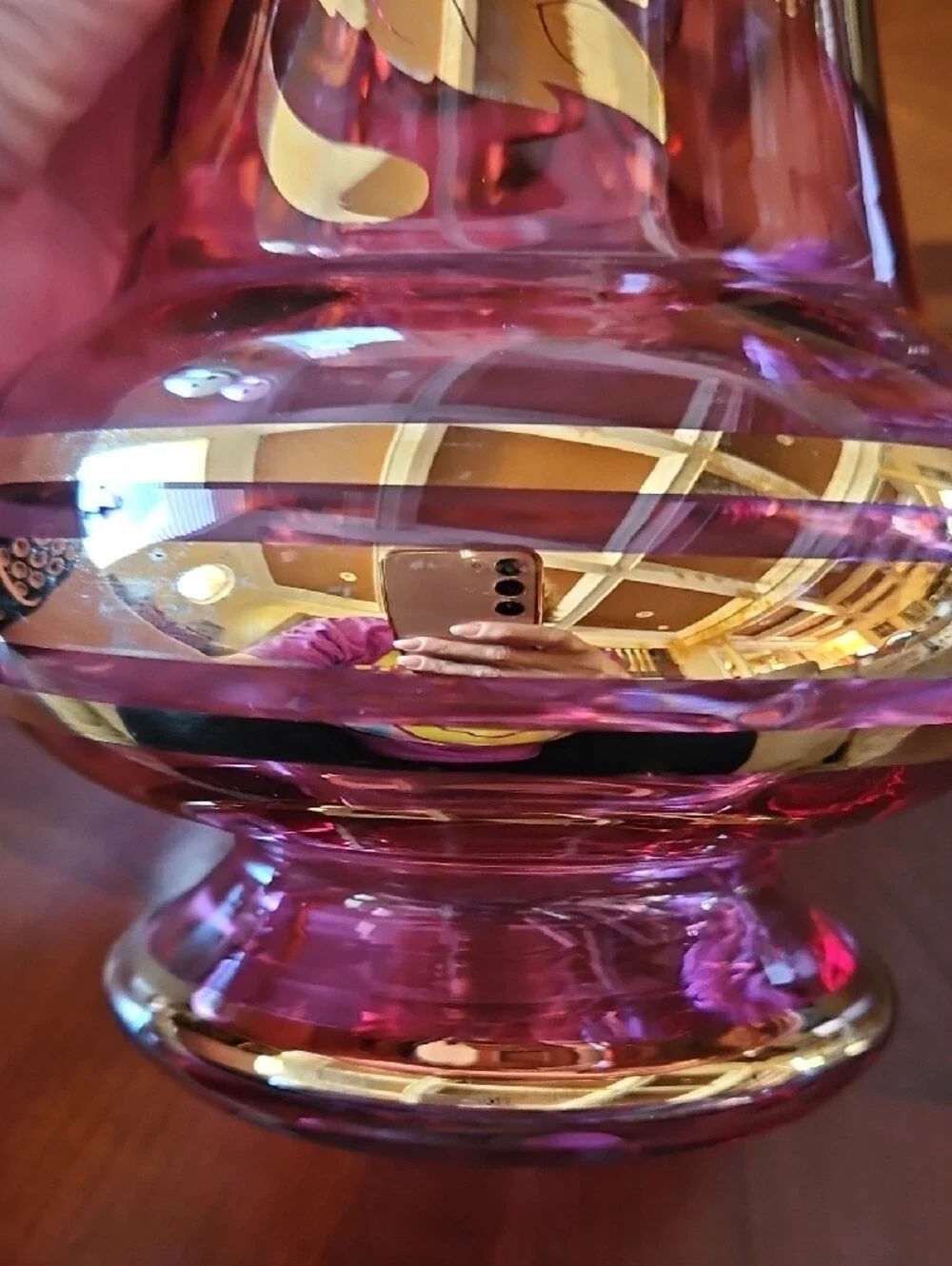 Gorgeous Bohemian Cranberry Glass Vase Gold Floral Hand Painted Czech Art Glass